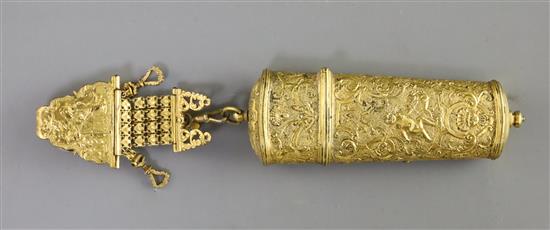 An 18th century English neo-classical gilt metal chatelaine, with etui